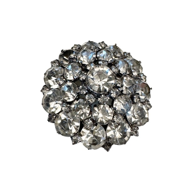 Round Clear Rhinestone Costume Brooch Pin Silver Tone Set Vintage - Picture 3 of 12